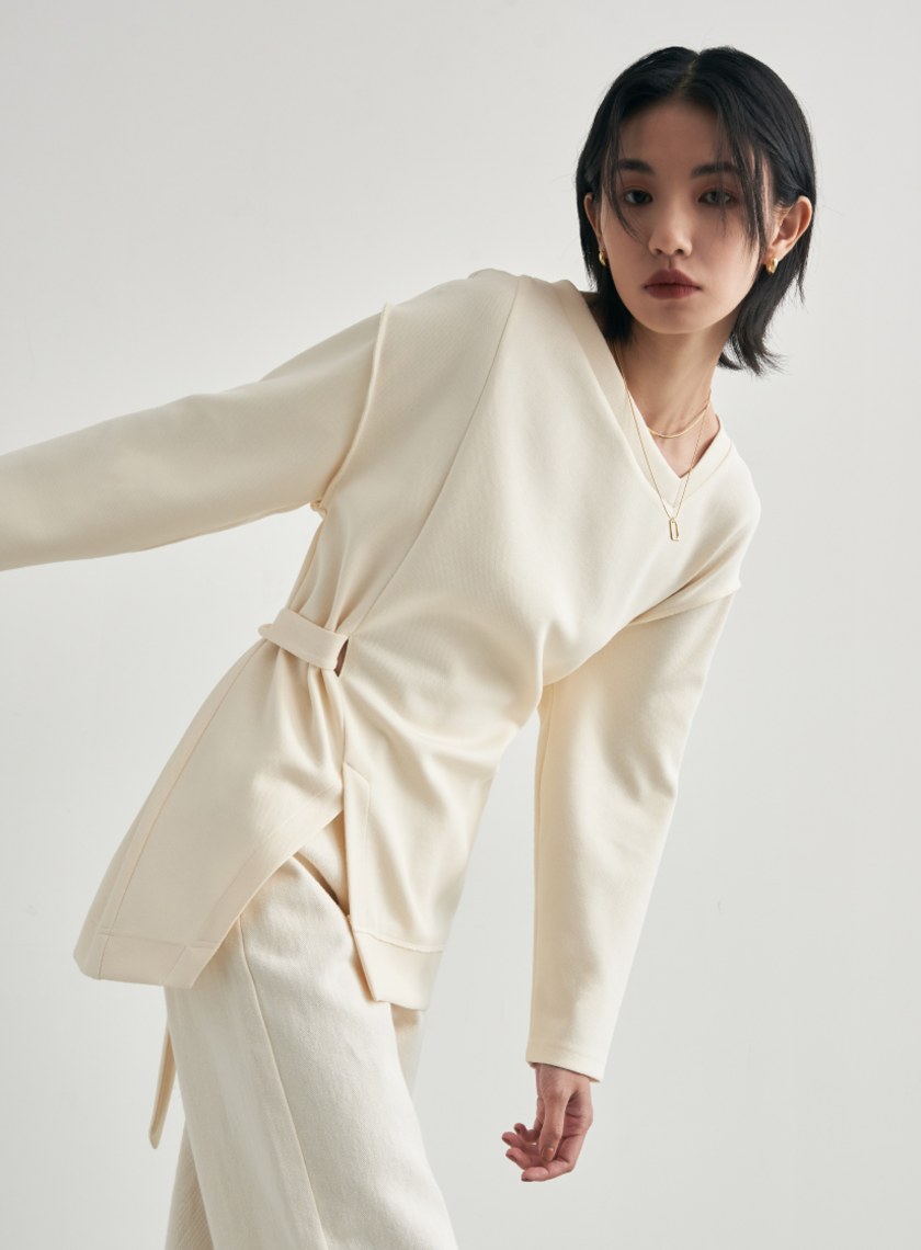 不規則剪裁腰帶長版衛衣